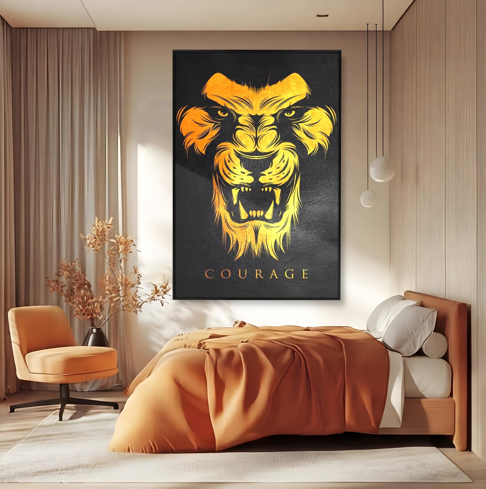 Tablou canvas cu tablou canvas cu leu aurit, in rama de aluminiu negru, pe perete intr-un dormitor